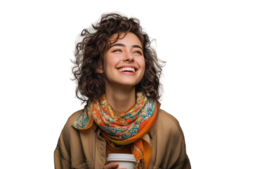 Happy woman with curly hair and colorful scarf holding a cup PNG with a transparent background
