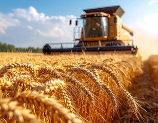 Harvesting Machine Approaching Golden Wheat Field