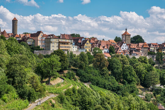View from the Tauber Valley of the city panorama of Rothenburg ob der Tauber
