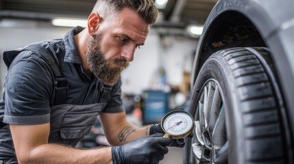 Mechanic checking tires air pressure Mechanic measuring tire pressure in an auto repair shop.