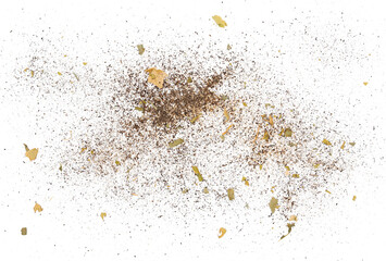 Dust dirt, sand and chopped dry leaves flying, isolated on white background, clipping path
