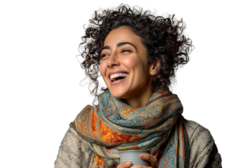 Happy woman with curly hair and colorful scarf holding a cup PNG with a transparent background