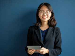 Confident businesswoman using tablet professional corporate portrait