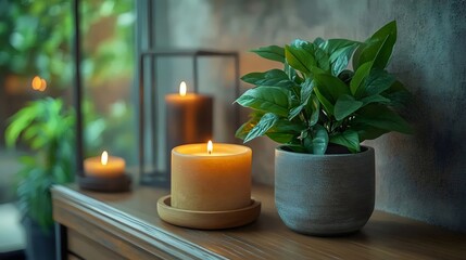 Beautiful candles with a vibrant potted plant create a peaceful and inviting atmosphere.