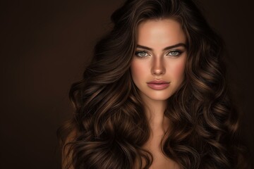 Fototapeta premium Close-up of a woman with beautiful flowing hair and captivating eyes against a dark background.