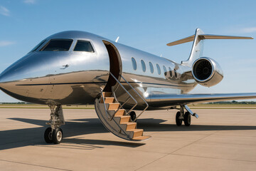 Fototapeta premium Private jet on runway with open door and luxury metallic finish under clear blue sky, generative AI