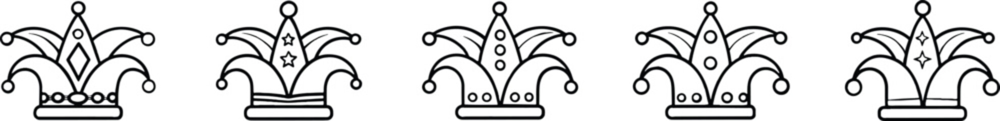 Jester Hat Icon Vector Set – Clown Cap, Joker Hat Outline