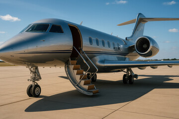 Fototapeta premium Sleek luxury private jet parked on runway under clear blue sky, generative AI
