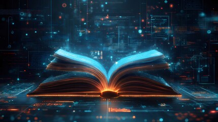 輝くデジタルブック 青とオレンジの光線が知識を表現する近未来的な背景