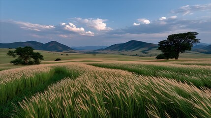 Fototapeta premium Serene Sunset Wheat Field Rolling Hills Landscape.