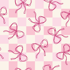 Pink checkerboard bows coquette design - seamless textile pattern
