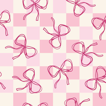 Pink checkerboard bows coquette design - seamless textile pattern