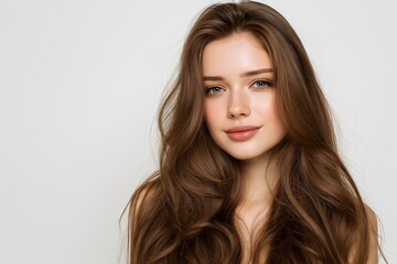 Naklejka premium A close-up portrait of a young woman with long, flowing brown hair and a natural smile.
