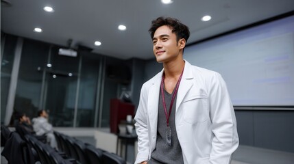 Doctor presentation speech teaching seminar Young professional in a white coat standing in a conference room.