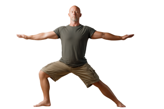 Middle-aged man practicing yoga poses in relaxed clothing PNG with a transparent background

