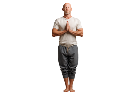Middle-aged man practicing yoga poses in relaxed clothing PNG with a transparent background

