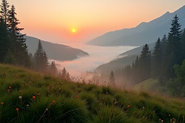 Fototapeta premium Majestic mountain landscape at sunrise with misty valleys and lush green grass