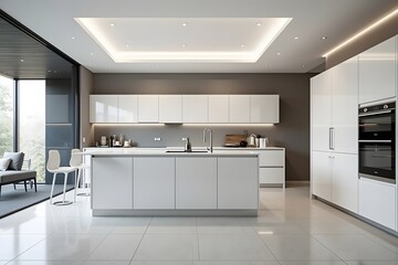 Fototapeta premium Modern luxury kitchen interior design featuring minimalist white cabinets and island with sophisticated lighting