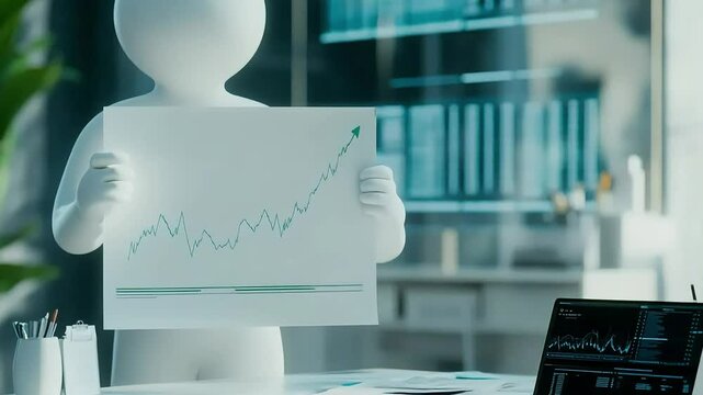A 3D character presenting a growth chart in a modern office with digital data displays in the background