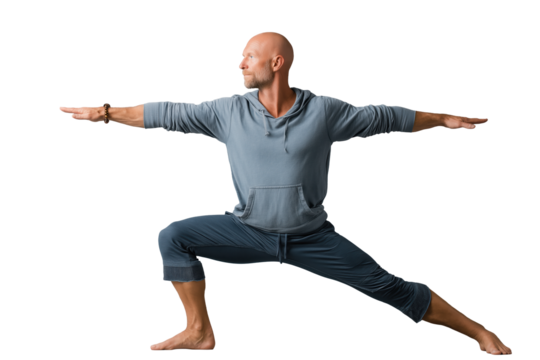 Middle-aged man practicing yoga poses in relaxed clothing PNG with a transparent background

 - Powered by Adobe