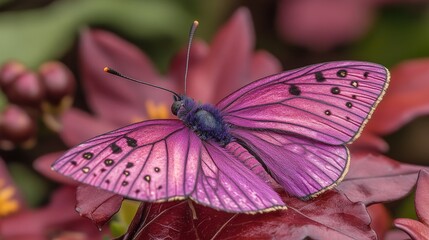 A stunning vibrant butterfly with exquisitely detailed wings rests peacefully on deep red leaves.