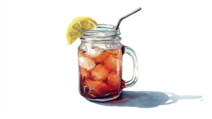 Watercolor illustration of sweet tea in a mason jar with a lemon, in a simple and clean style, on a white background