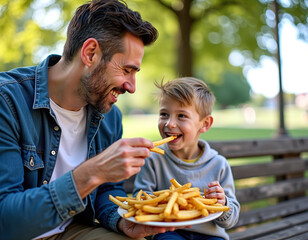 Father and young son laughing and sharing fries together while sitting on a park bench.