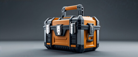 Fototapeta premium Professional orange and black toolbox isolated on a grey background perfect for storage needs
