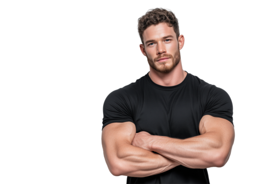 Muscular man in black sports shirt with arms crossed PNG with a transparent background

