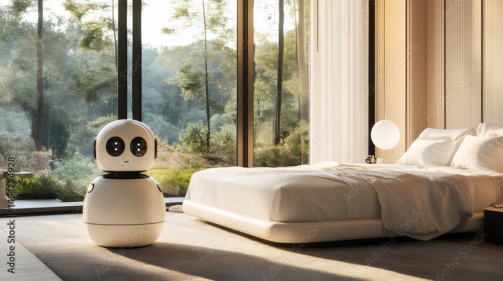 Aufkleber 白いロボットがベッドルームの窓際に立つモダンインテリア 柔らかな光と自然を背景にシンプルで洗練された空間
