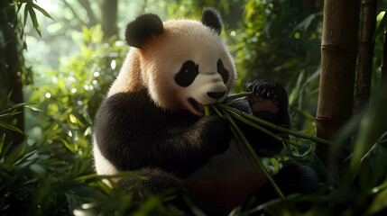 Obraz premium Fluffy Panda Eating Bamboo In Lush Forest