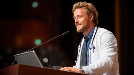 Doctor presentation speech teaching seminar Speaker presenting at a conference with a confident smile.