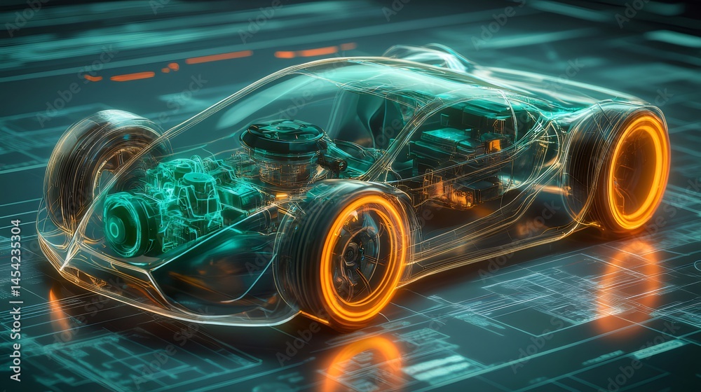 Aufkleber 透明感のある近未来的な自動車デザイン 内部構造と発光要素が強調されたデジタルアート