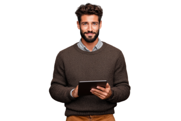 Man using a digital tablet in casual sweater PNG with a transparent background

