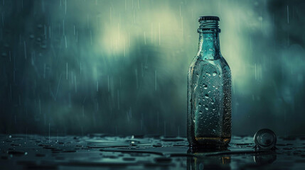 Rainy day still life glass bottle in dark atmosphere
