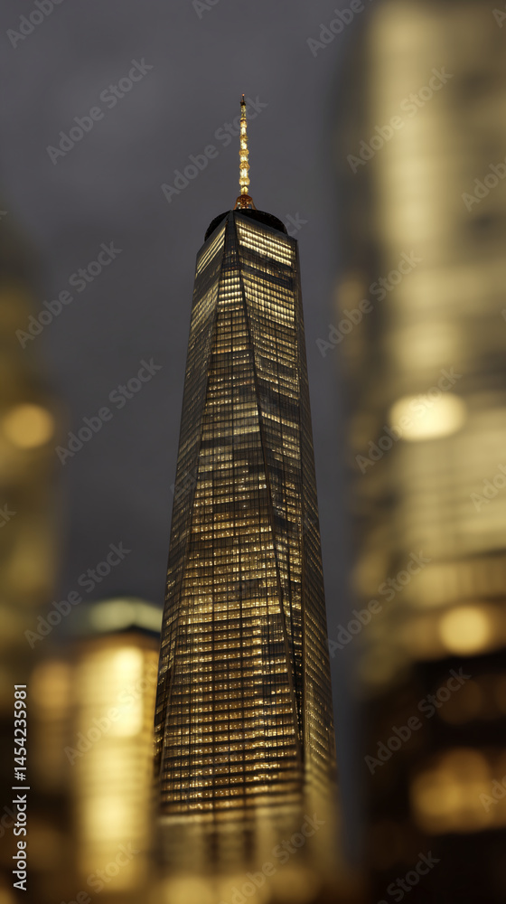 Poster night view of illuminated skyscraper, sharp focus on central structure, blurred background suggestin