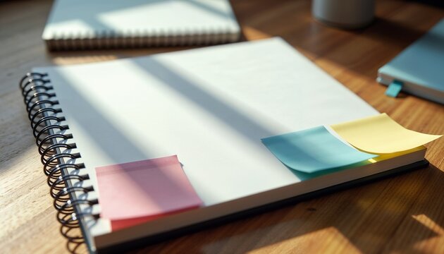 * Realistic open spiral-bound notebook mockup with blank pages and colorful sticky notes on wooden desk, minimalistic workspace in soft natural lighting with copy space  