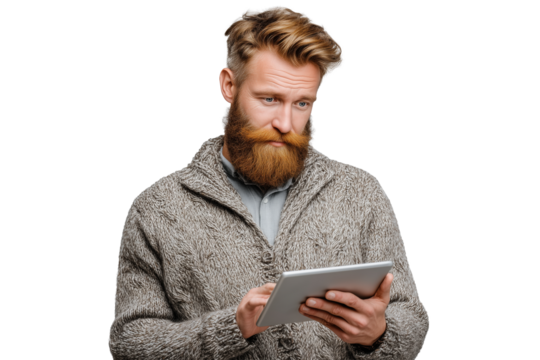 Man using a digital tablet in casual sweater PNG with a transparent background

