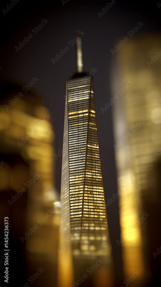 Poster night view of illuminated skyscraper, partially obscured by blurred foreground, showcasing architect