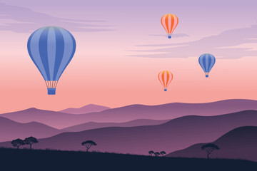 Colorful Hot Air Balloons Floating Over Serene Mountain Landscape at Dusk with Stunning Sunset Sky