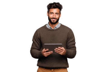 Man using a digital tablet in casual sweater PNG with a transparent background

