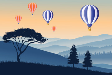 Obraz premium Colorful Hot Air Balloons Floating Over Serene Mountain Landscape at Dusk with Stunning Sunset Sky