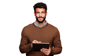 Man using a digital tablet in casual sweater PNG with a transparent background


