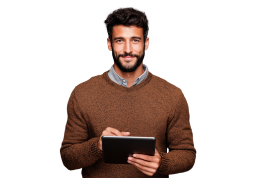 Man using a digital tablet in casual sweater PNG with a transparent background

 - Powered by Adobe