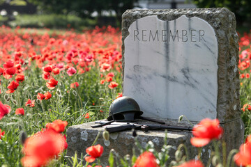War Memorial With Poppies,Helmet And Rifle Symbolizes Remembrance And Sacrifice