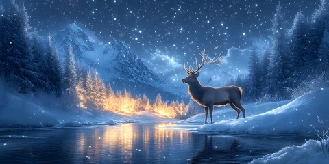 Fototapeta premium Majestic stag standing by a serene winter river under snowfall