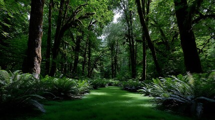 Naklejka premium Sunlit Path in Lush Rainforest.