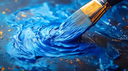 Fototapeta premium A close-up shot of a paintbrush swirling blue paint, creating captivating textures and art.