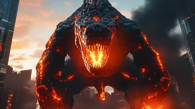 A colossal, lava-infused creature emerges from a cityscape, roaring amidst a fiery sunset