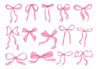 Whimsical Hand Drawn Pink Ribbon Bow. A playful and elegant collection of 14 hand drawn ribbon bows featuring loops curves flowing tails and more. Perfect for packaging girly craft and romantic accent